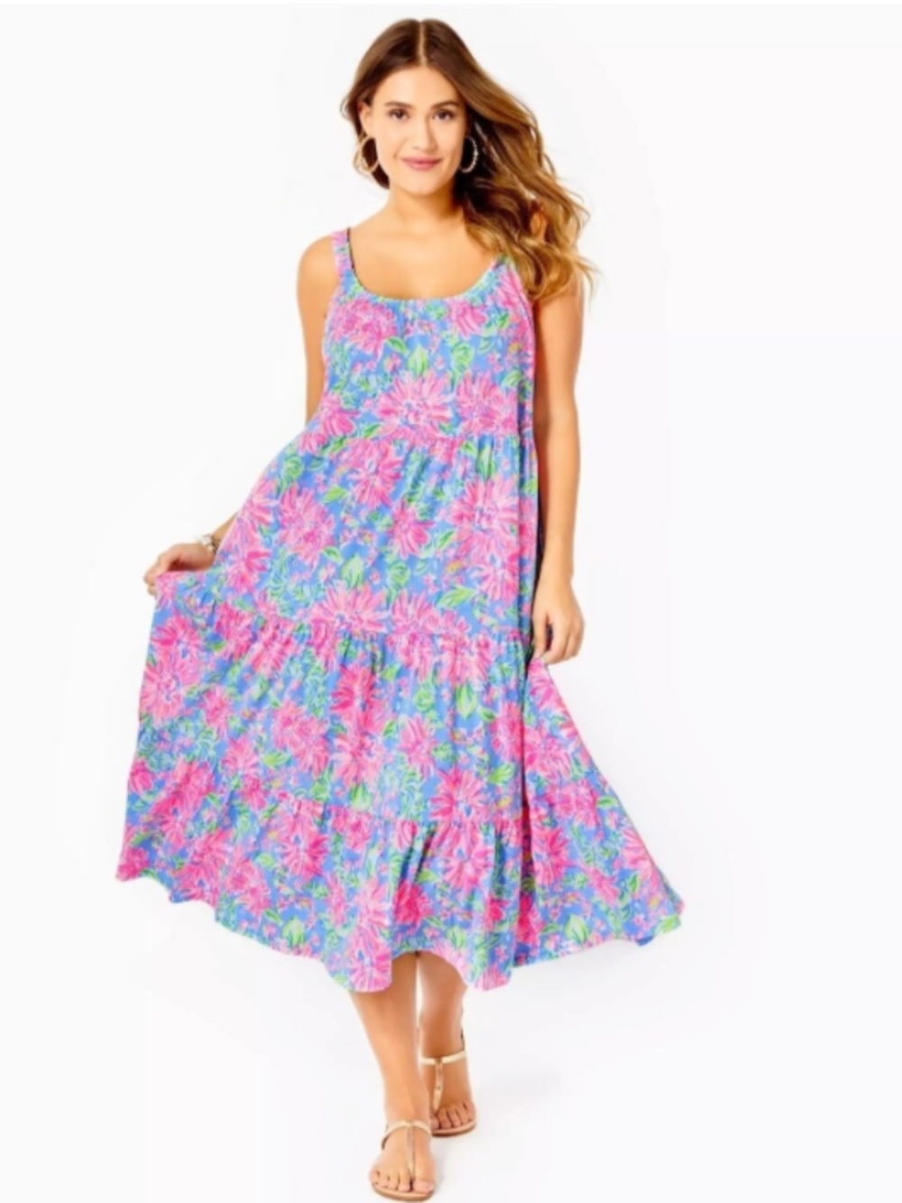 Lilly Pulitzer Loro Midi Tiered Dress - Size M- Blue Peri Sunrise Bay